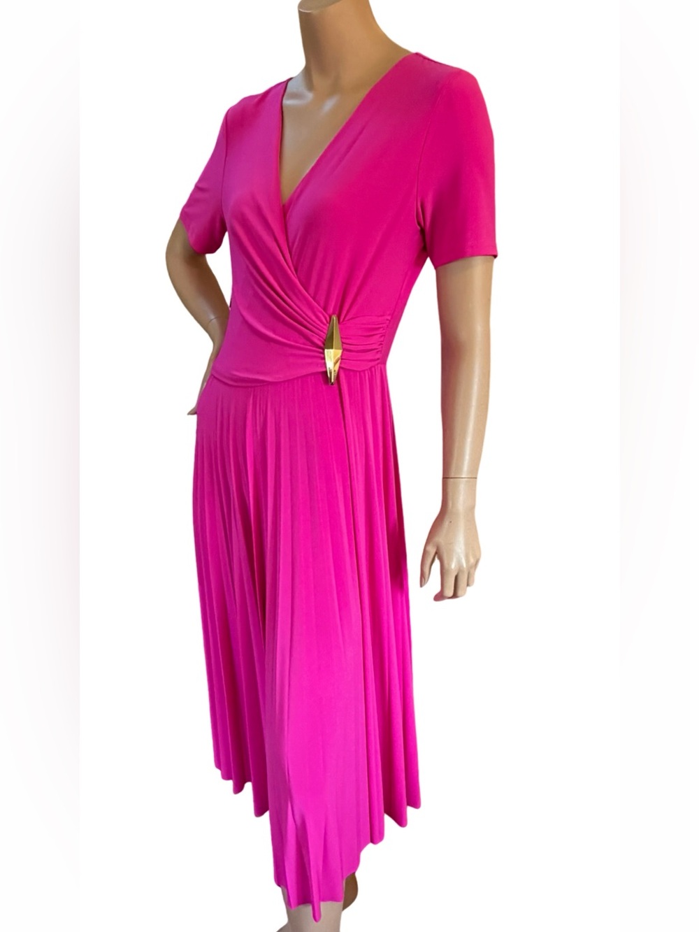 Joseph Ribkoff NWOT Fuchsia Pleated Midi Ruched Wrap Dress Made in Canada Sz 10 - Picture 1 of 15